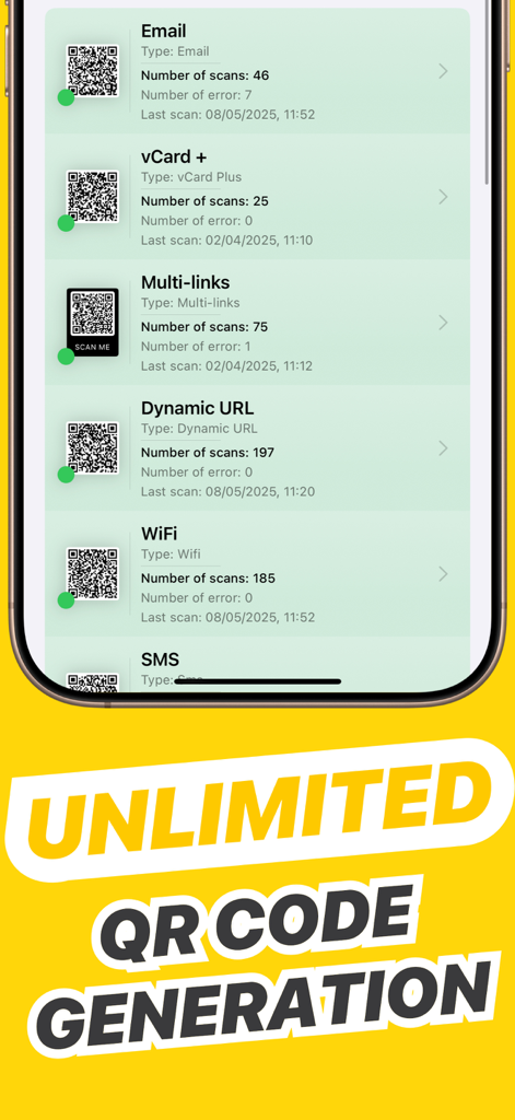 Interfaz de la aplicación móvil que muestra una lista de códigos QR generados, incluyendo vCard y WiFi con análisis de escaneo