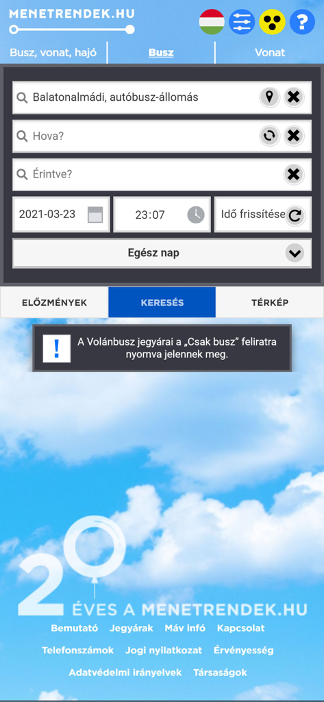 iMenetrendek - Search screen for Hungarian bus and train schedules in the iMenetrendek app