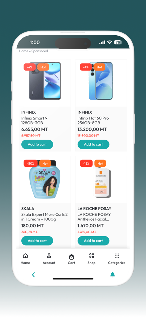 Interfaz de la aplicación de mercado KORA que muestra teléfonos inteligentes con descuento y productos para el cuidado de la piel