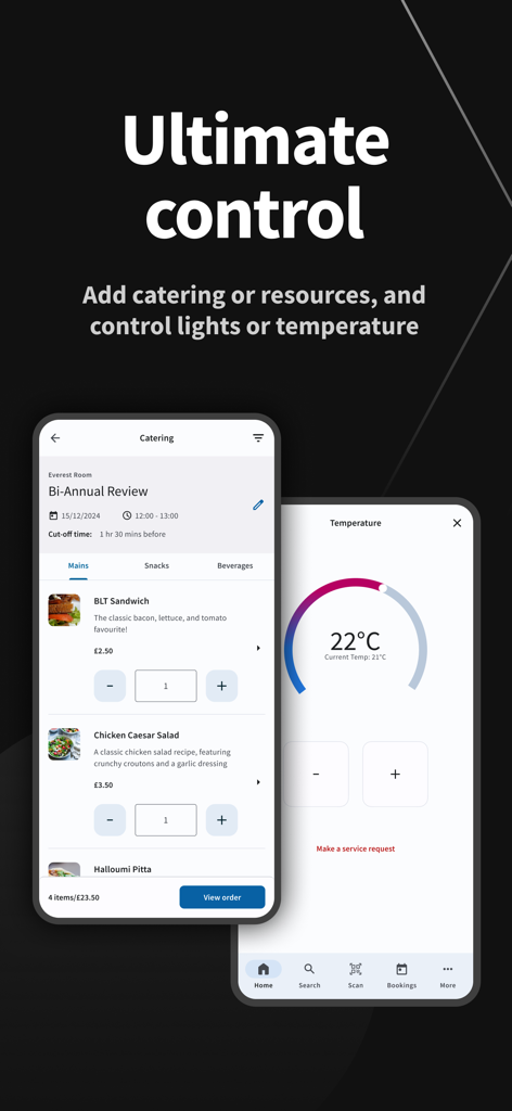 IBSS Roamer X - IBSS Roamer X mobile app showing catering menu and room temperature adjustment screens