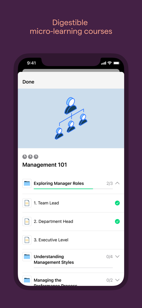 Zunos mobile app interface displaying a Management 101 course with digestible micro-learning modules.
