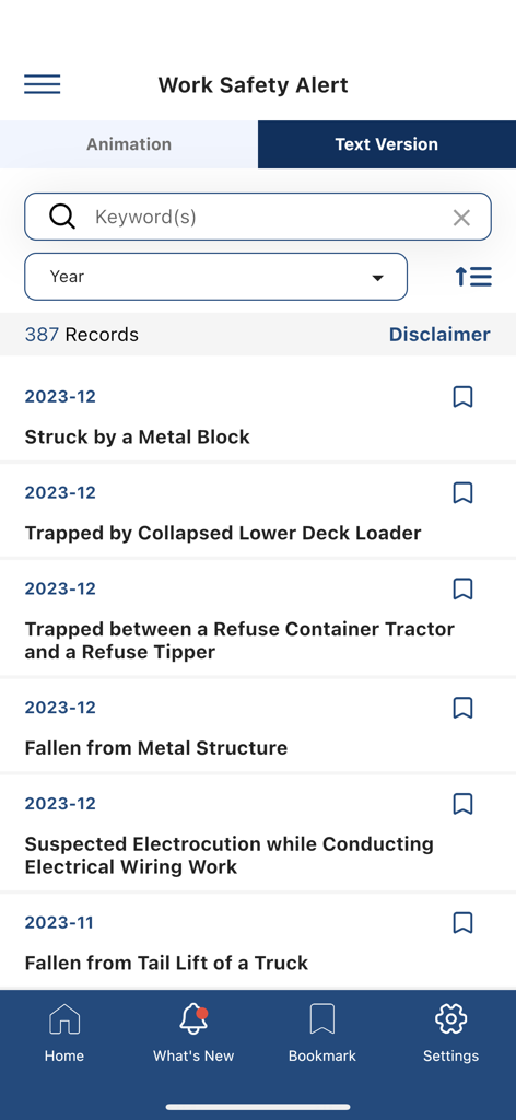 OSH 2.0 - Una lista de alertas de seguridad laboral en la aplicación OSH 2.0 que muestra registros de incidentes históricos y filtros de búsqueda.