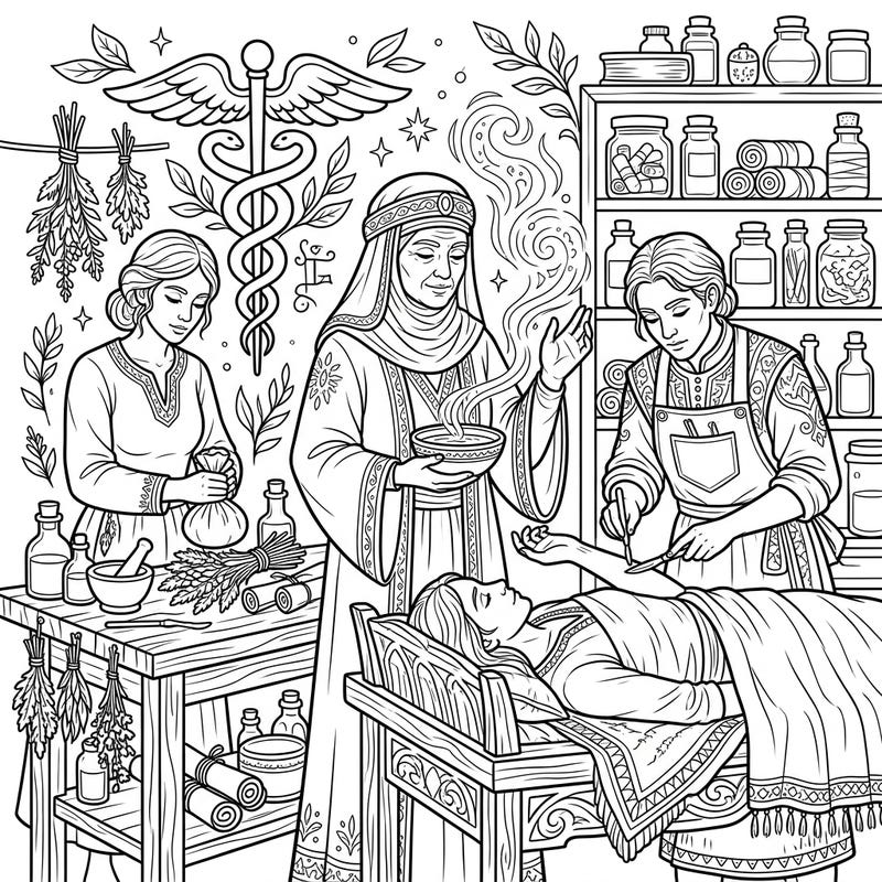 Immerse yourself in the fascinating world of ancient medical practices with this intricate Physicians and Healers coloring page. Explore a detailed scene featuring historical doctors, herbal remedies, and traditional healing rituals, perfect for mindful coloring.