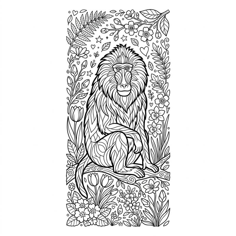 Bring a regal baboon to life amidst a delightful array of blooming spring flowers with this enchanting coloring page. Designed as a charming bookmark, it offers a creative way to celebrate the beauty of nature and the season of renewal.