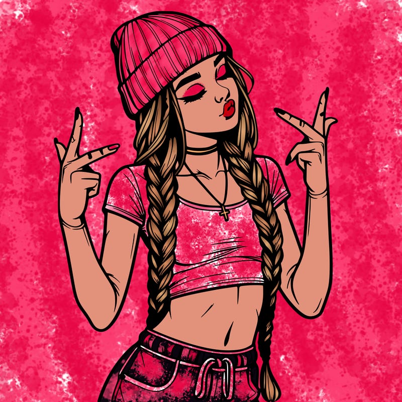 realistic teenage girl with braids and a beanie and crop top doing 🫶🏼