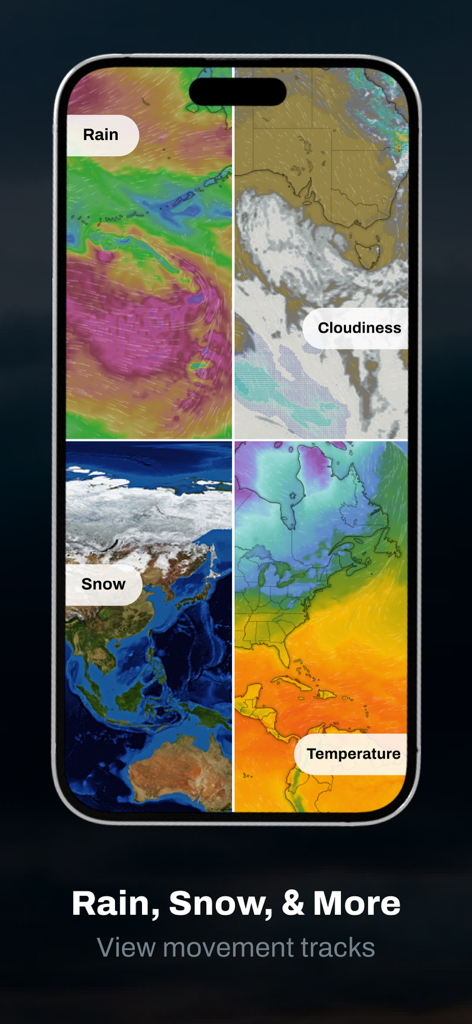 Zoom Earth Live Weather Map - スマートフォン画面上の雨、雪、曇り、気温の4つの気象マップの可視化