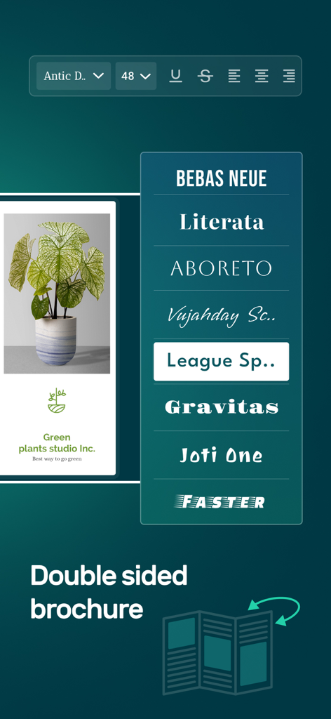 Brochure Design Maker-Leaflet - Grafikdesign-App, die ein Menü zur Schriftauswahl und Optionen für doppelseitige Broschüren anzeigt
