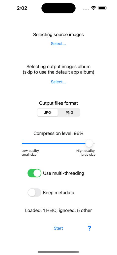 HEIC images batch converter - Interfaccia utente dell'app convertitore batch di immagini HEIC che mostra le impostazioni del formato di output e della compressione