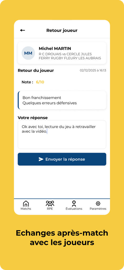 Easy Comp mobile app screenshot showing post match feedback and communication between coach and rugby player