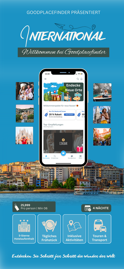 Good Place Finder - Good Place Finder app interface on a smartphone highlighting curated international travel spots and discovery features