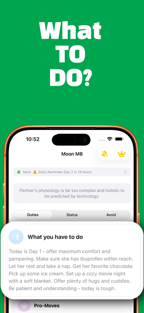 Screenshot of MoonM8 app showing a daily briefing with supportive actions and advice for men to help their partners during their cycle
