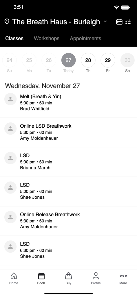The Breath Haus app interface showing a list of upcoming breathwork and wellness classes for booking at the Burleigh studio.