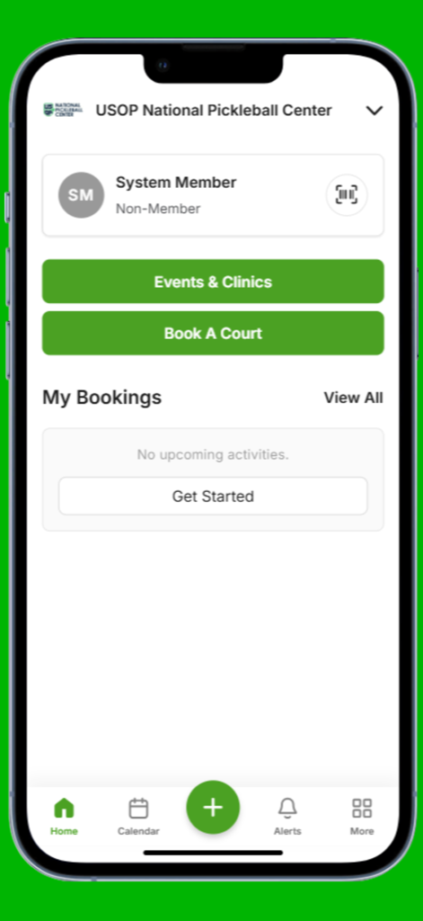 National Pickleball Center mobile app home screen with buttons to book a court or sign up for clinics.