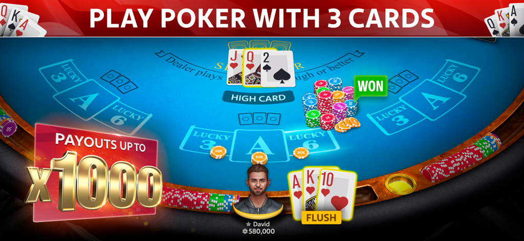 Set Poker game screen showing a winning flush hand and casino chips on a blue table.