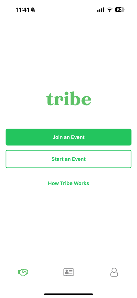 Tribe - Meet Cool People - Pantalla de inicio de la aplicación Tribe con los botones Unirse a un evento y Empezar un evento