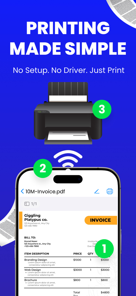 Interfaccia dello smartphone che mostra una fattura che si connette in modalità wireless a una stampante nera per una semplice stampa mobile