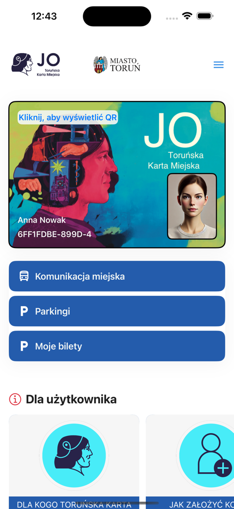 JO-TORUŃ - Dashboard dell'app JO Torun che mostra la tessera digitale della città e i pulsanti per i trasporti