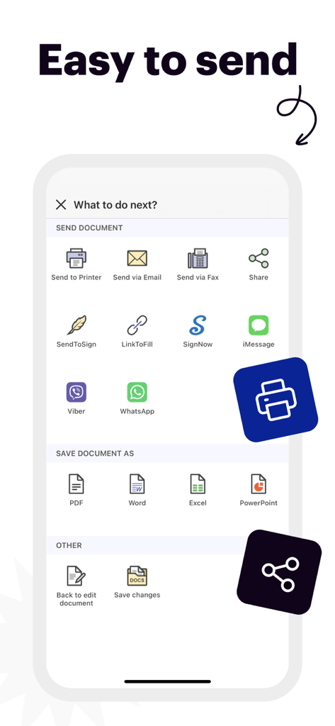 電子メール、ファックス、メッセージング経由でドキュメントを送信したり、WordおよびExcelファイルとして保存したりするオプションを表示するインターフェイス。