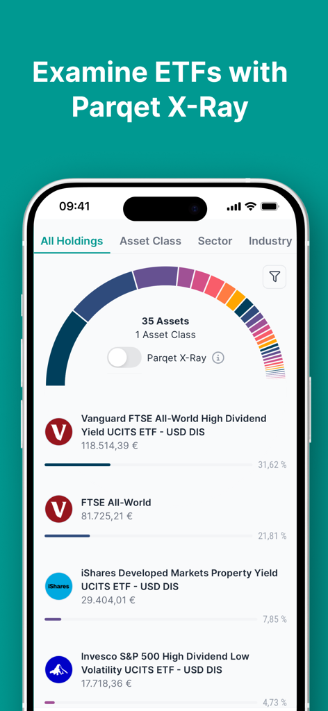 Parqet - Portfolio Tracker - Parqet App-Screenshot, der die X-Ray-Funktion zur Analyse von ETF-Portfolios und Asset-Allokation anzeigt
