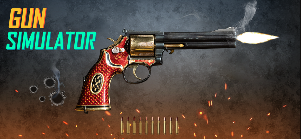 Revolver adornado en rojo y dorado disparando con un destello de boca en una app de simulador de armas