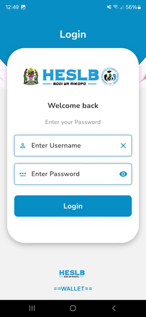 Login screen of the HESLB Tanzania mobile application