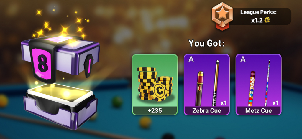 Treasure chest rewards in 8 Pool Clash featuring gold coins and specialty cues