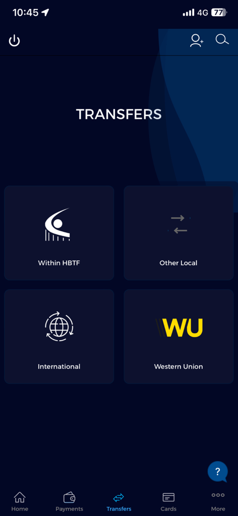 Iskan Mobile app transfer screen showing options for Within HBTF, Other Local, International, and Western Union transfers.