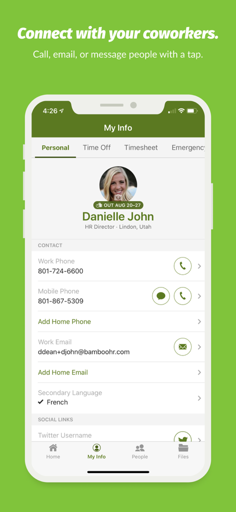 Aplicativo móvel BambooHR mostrando uma página de perfil de funcionário com detalhes de contato como telefone e e-mail e um prompt para se conectar com colegas.