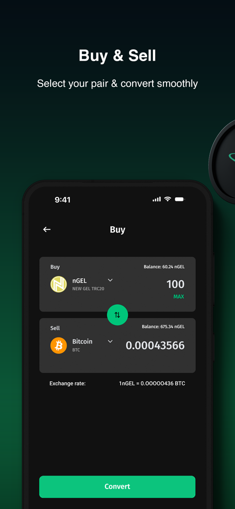 Mobile interface of Coinmania app displaying a buy and sell feature for converting nGEL to Bitcoin