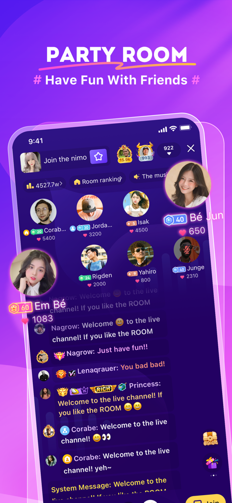 Interfaz de la aplicación Nimo TV mostrando la función Sala de Fiesta con múltiples usuarios en un chat de video y audio en grupo en vivo