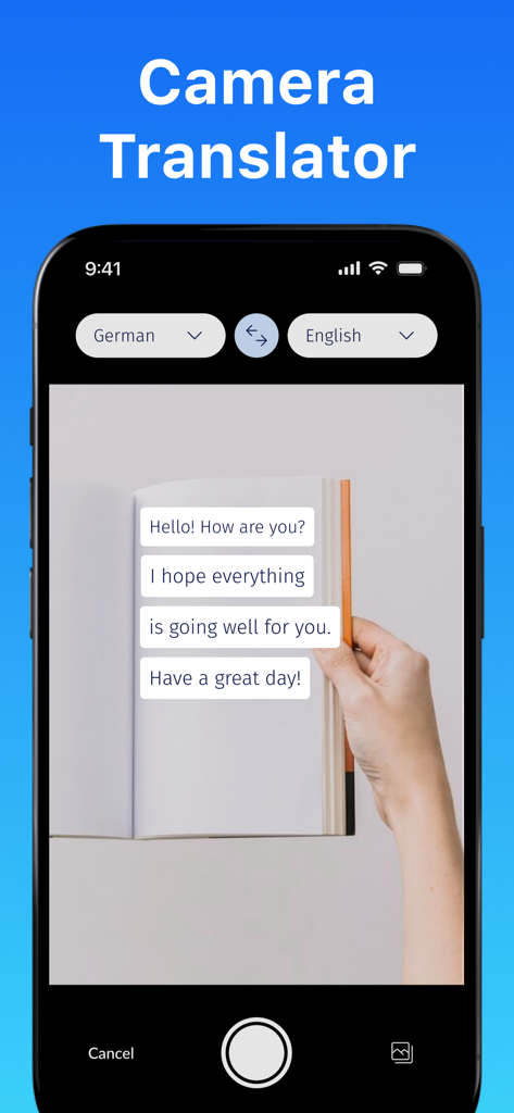 AI Translator: Camera & Voice - Teléfono inteligente mostrando la función de traductor de cámara de la aplicación Traductor IA traduciendo texto en un libro.