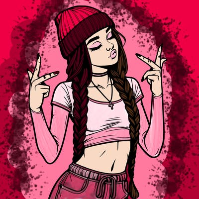 realistic teenage girl with braids and a beanie and crop top doing 🫶🏼