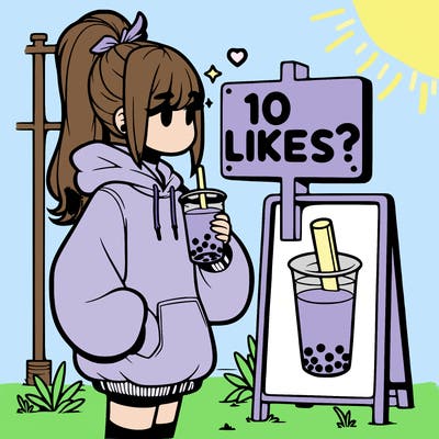 girl with oversized hoodie drinking boba and she has a high ponytail with a sign that says 10likes?
