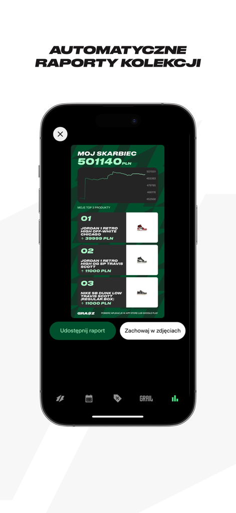 Grailz – Sneakers i Streetwear - Interfaz de la aplicación Grailz mostrando un informe de portafolio de sneakers con seguimiento del valor de mercado y una lista de los mejores zapatos como Jordan 1 Retro High Off-White.