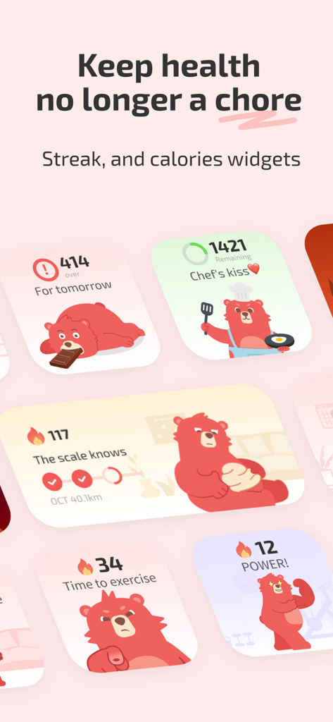 Fito: Fitness Streak, Calorie - Widgets de la aplicación de fitness Fito con una linda mascota oso roja rastreando objetivos de calorías y rachas de entrenamiento.