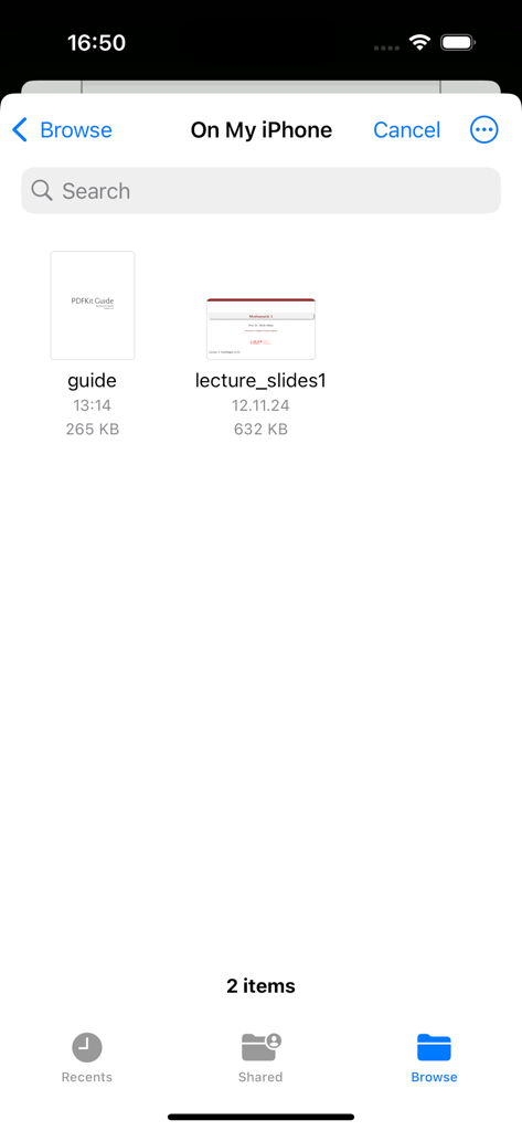 iPhoneでのPDFファイル選択画面、保存された講義スライドとガイドを表示