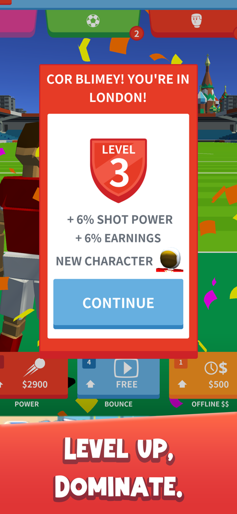 A level up screen in the Soccer Kick game displaying bonuses for shot power and earnings after reaching level three.