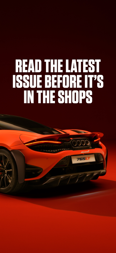 Rear view of an orange McLaren 765LT with text about reading the latest issue of evo Magazine