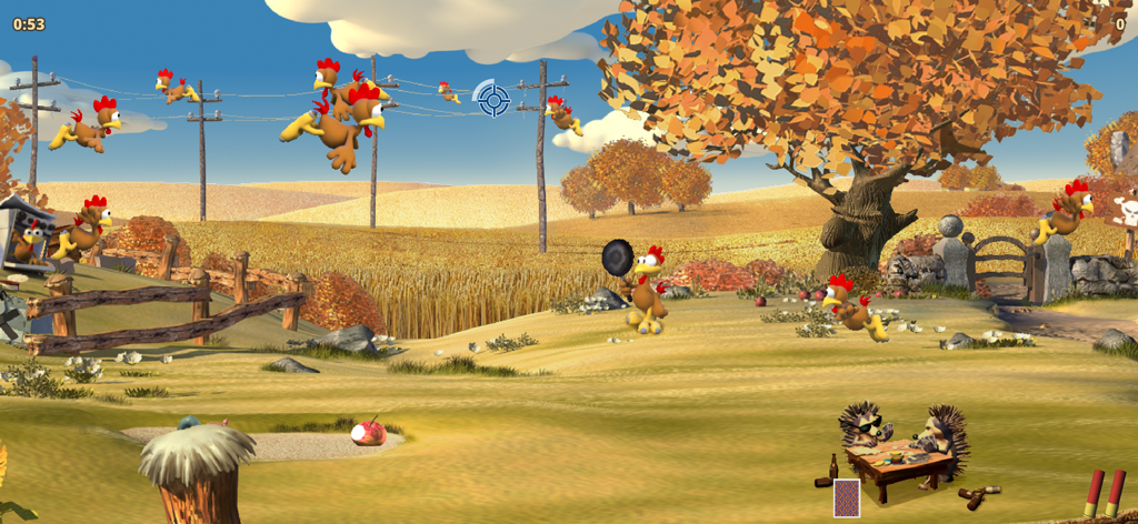 Gameplay screen of Moorhuhn X showing chickens on a farm and hedgehogs playing cards.