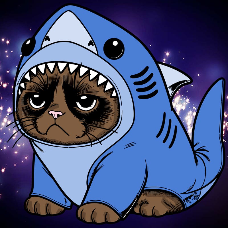 a realistic grumpy cat wearing a cute shark costume
