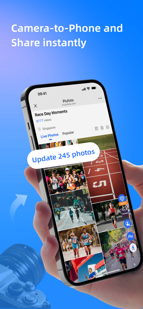 Smartphone displaying the Piufoto app interface with live event photos being synced from a professional camera