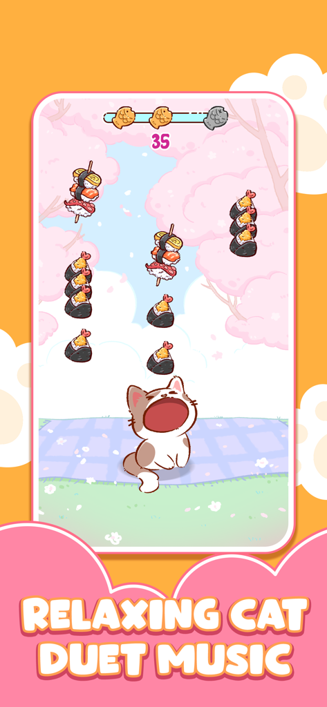 Cat World Music Game - A cute cartoon cat catching falling sushi and snacks in a rhythm music game