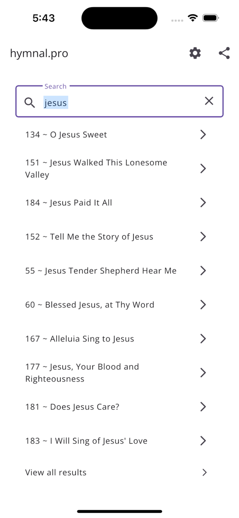 Hymnal Adventist - A mobile search screen within the Hymnal Adventist app showing a list of hymns matching the search term Jesus