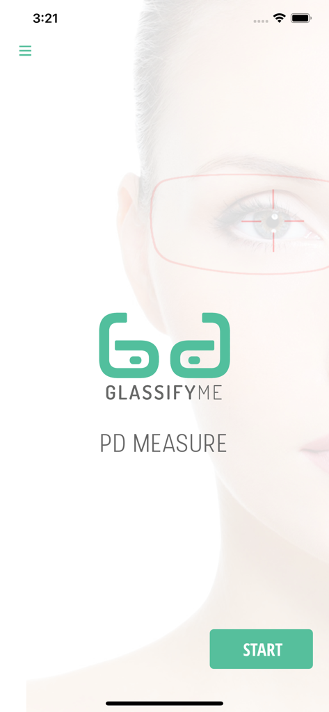 GlassifyMe PD Measure app home screen featuring a start button and facial scanning interface