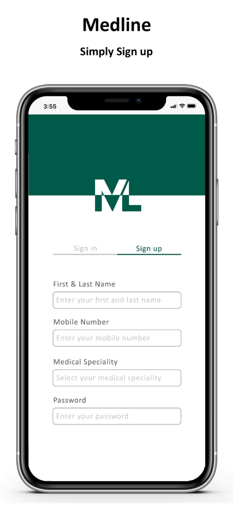 Pantalla de registro para la aplicación médica MedLine para profesionales de la salud.