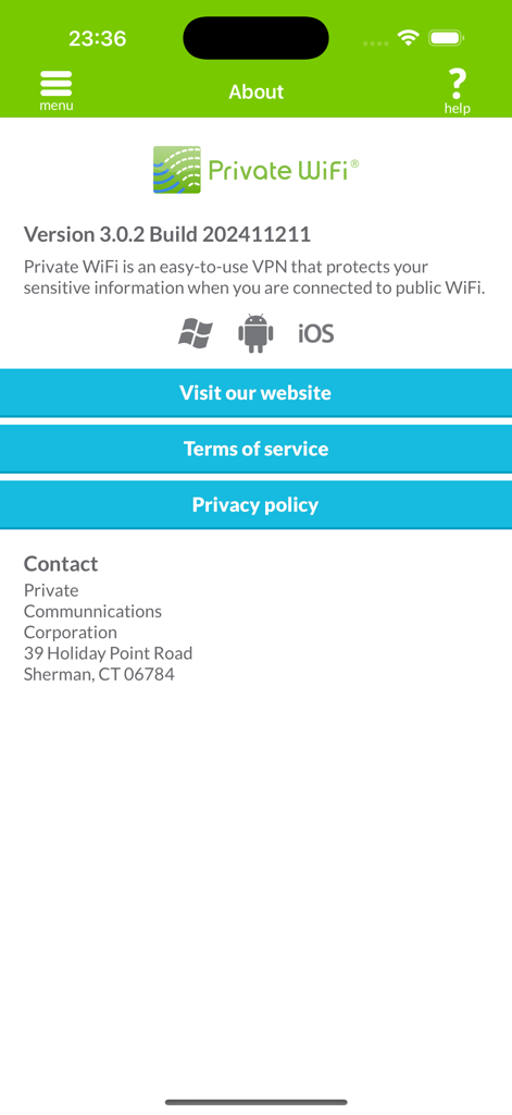 Private WiFi VPNアプリの「アプリ情報」ページ。バージョン情報と連絡先詳細が表示されている