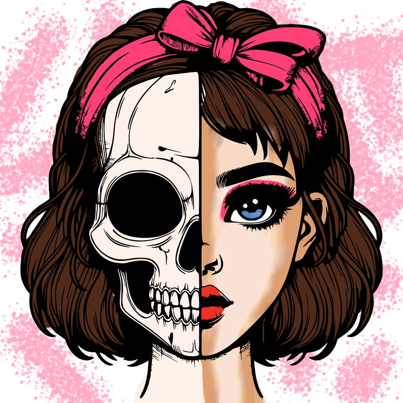 realistic girl with half skull mask
