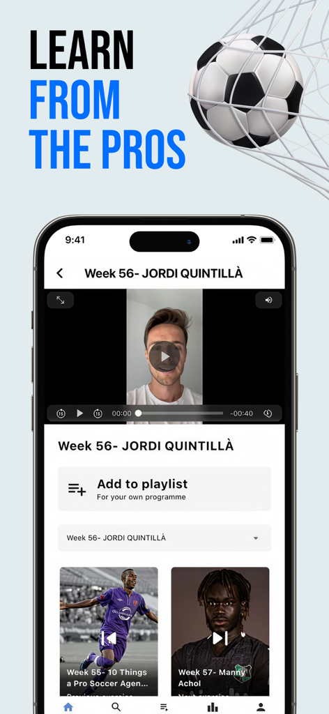 RicFit app screen showing video training drills from professional soccer players.