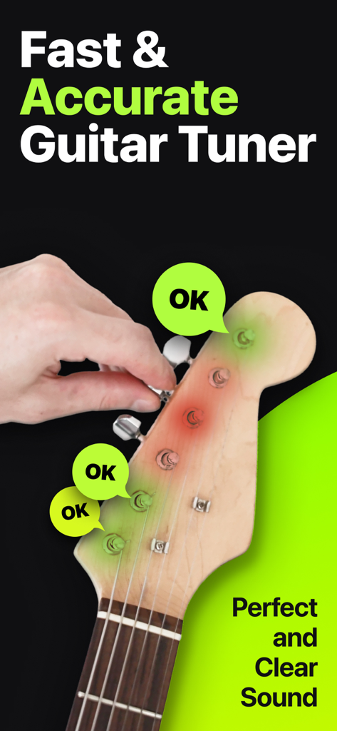 Guitar Tuner + Ukulele & Bass - Una persona afinando una guitarra usando una aplicación que muestra retroalimentación visual con burbujas verdes de OK en el clavijero para una afinación precisa