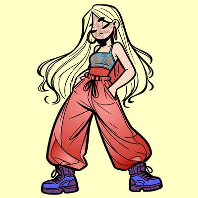 girl in baggy pants crop top and long hair